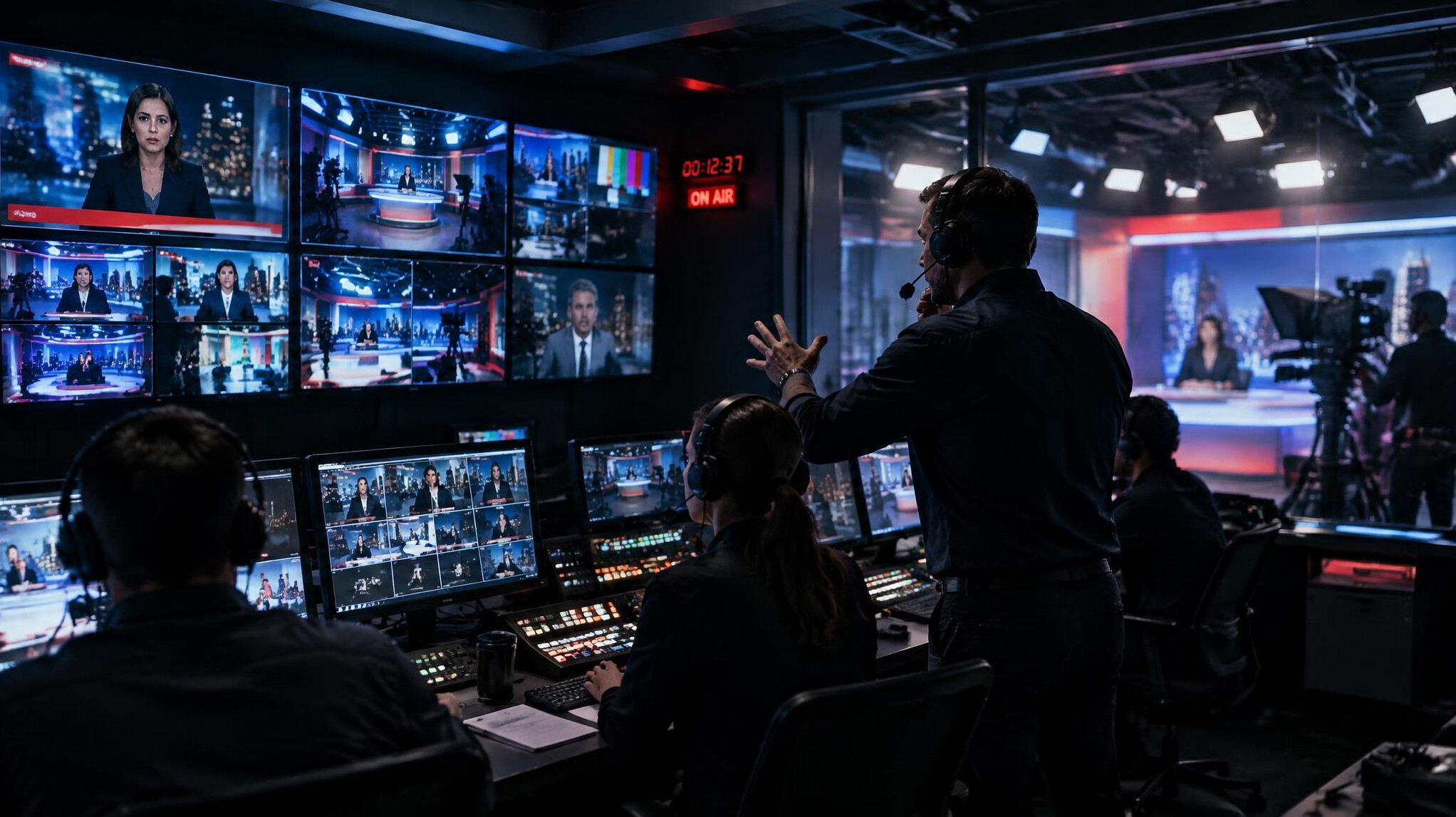 TV studio control room during a tense live broadcast